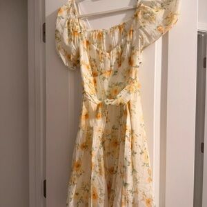 Yellow Floral Puff-Sleeve Midi Dress